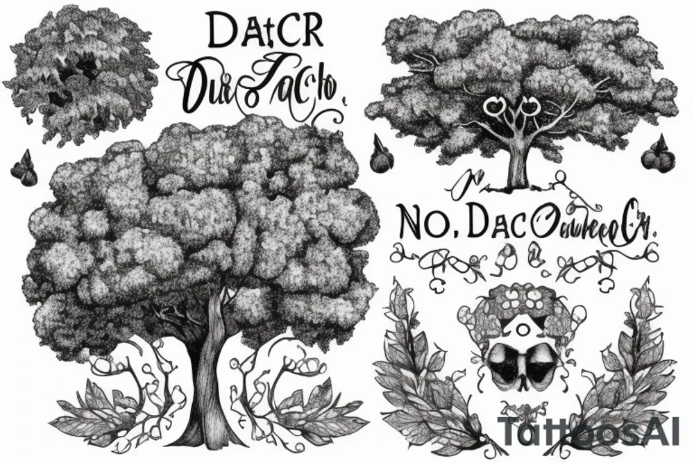"non ducor, duco" in quotes with an oak tree surrounding it tattoo idea