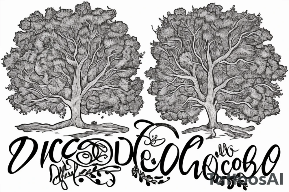 "non ducor, duco" in quotes with an oak tree surrounding it tattoo idea
