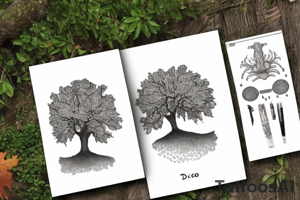 "non ducor, duco" in quotes with an oak tree surrounding it tattoo idea