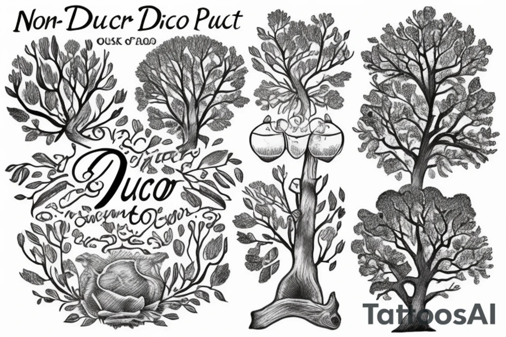 "non ducor, duco" in quotes with an oak tree surrounding it tattoo idea