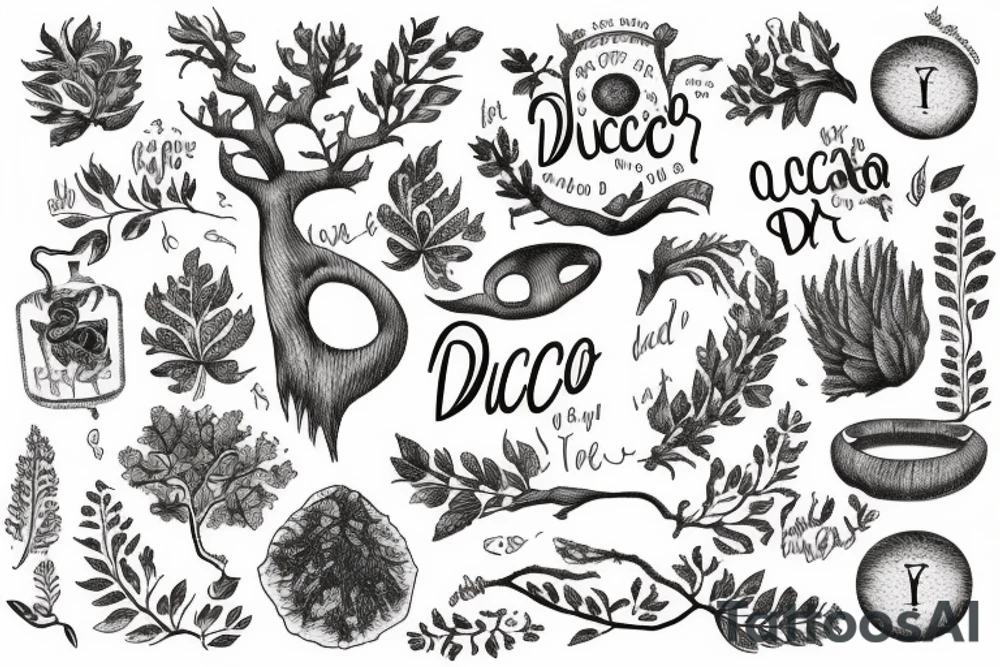 "non ducor, duco" in quotes with an oak tree surrounding it tattoo idea