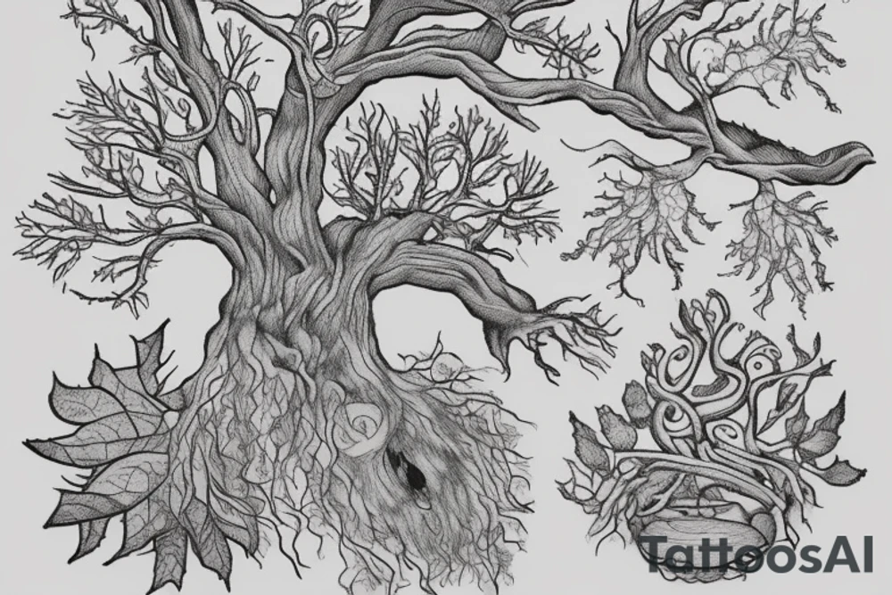 "non ducor, duco" in quotes with an oak tree surrounding it tattoo idea