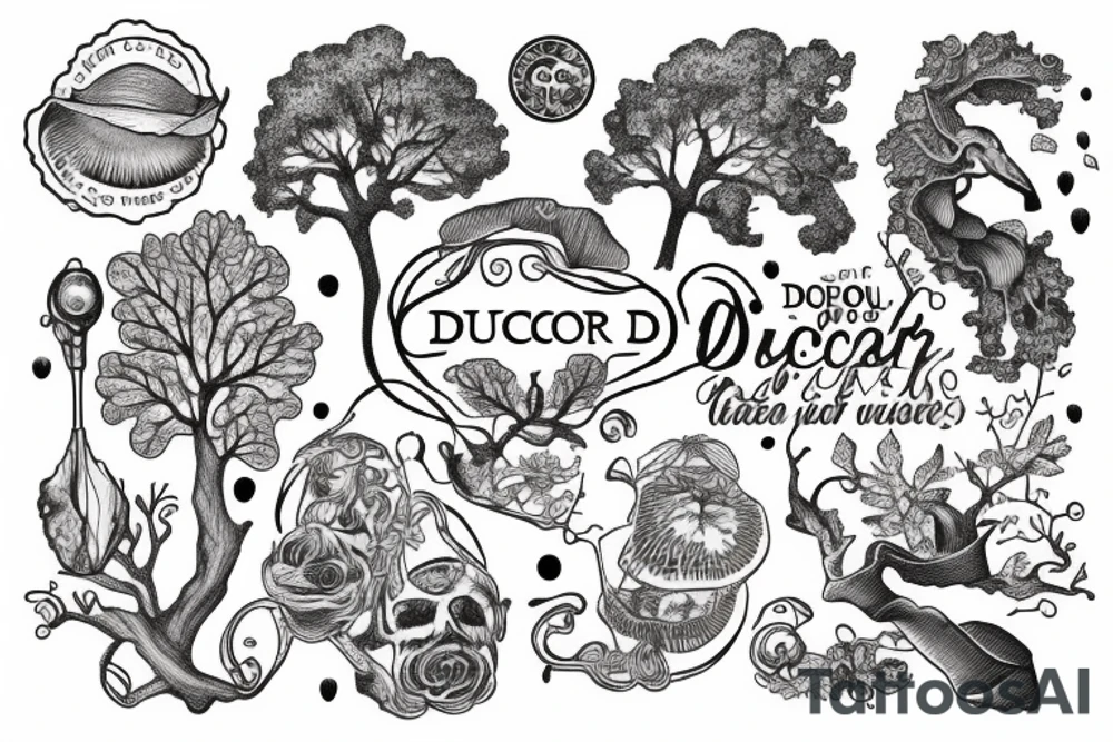 "non ducor, duco" in quotes with an oak tree surrounding it tattoo idea