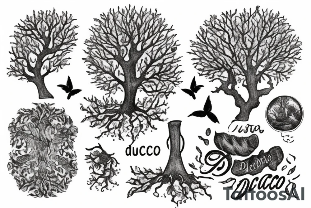 "non ducor, duco" in quotes with an oak tree surrounding it tattoo idea