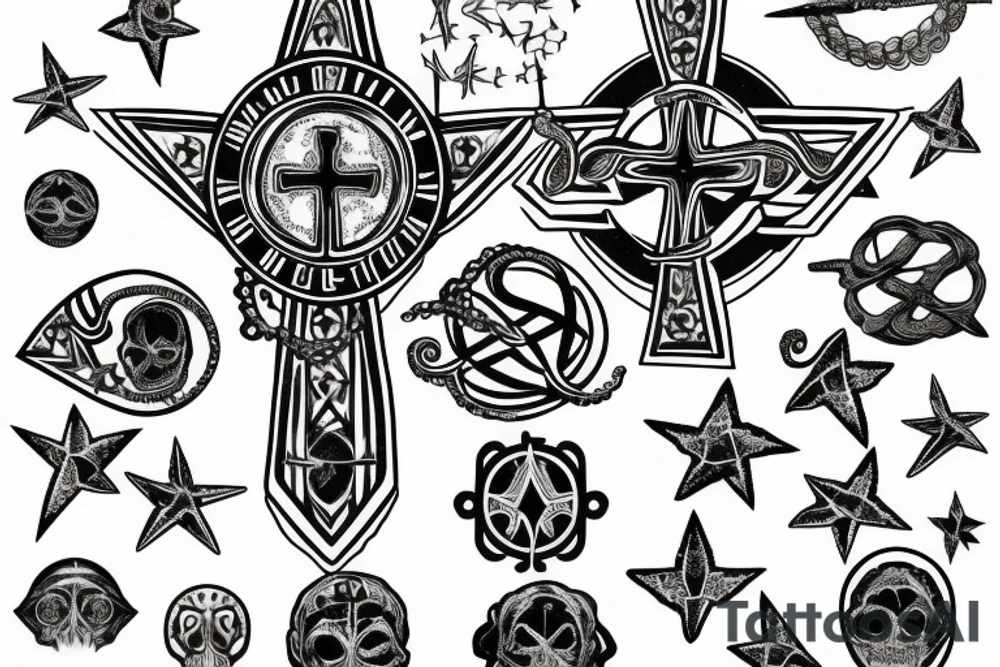 Patriarchal Cross, frequencies , Memento mori , memento vivir , reptilian star seed symbol , octopus , American flag tattoo idea