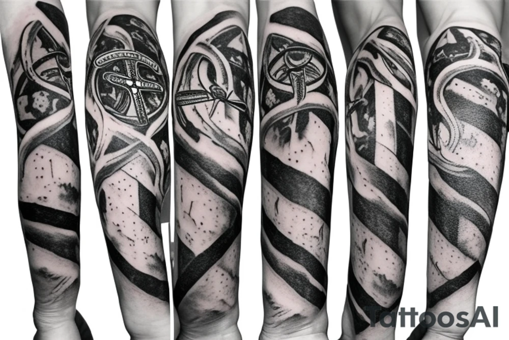 Patriarchal Cross, frequencies , Memento mori , memento vivir , reptilian star seed symbol , octopus , American flag  arm sleeve tattoo tattoo idea