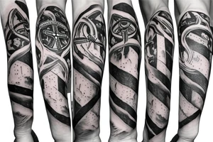 Patriarchal Cross, frequencies , Memento mori , memento vivir , reptilian star seed symbol , octopus , American flag  arm sleeve tattoo tattoo idea