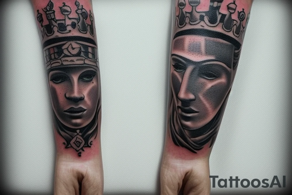 I would like a tattoo that covers my whole arm.  I would like a King Chess piece with 2 pawns. tattoo idea