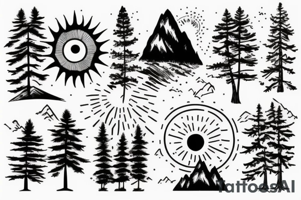 mountain landscape trees sun tattoo idea