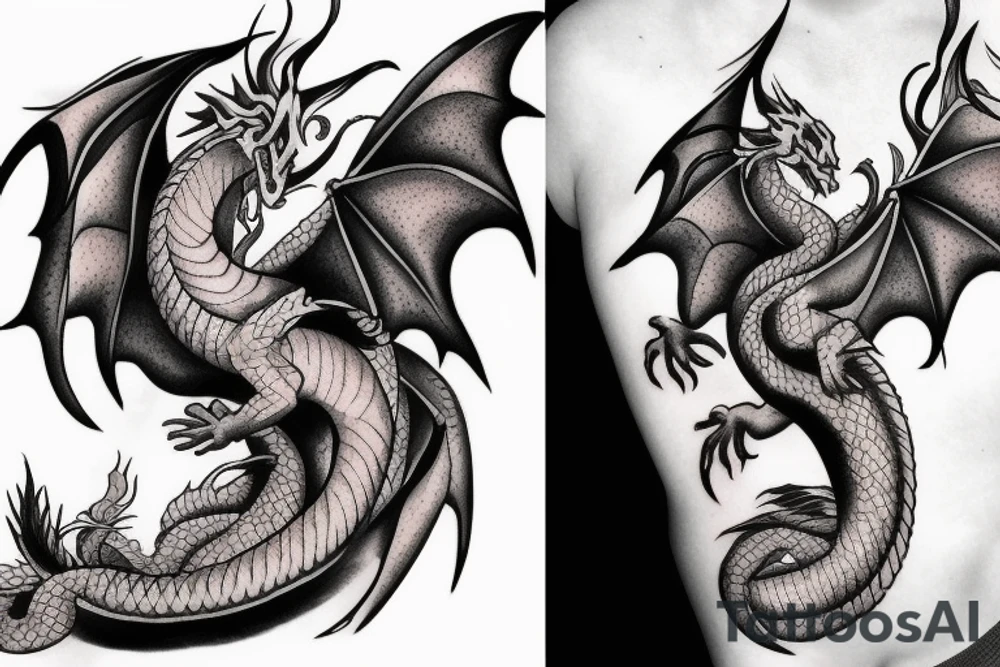 Feminine dragon in flight tattoo idea