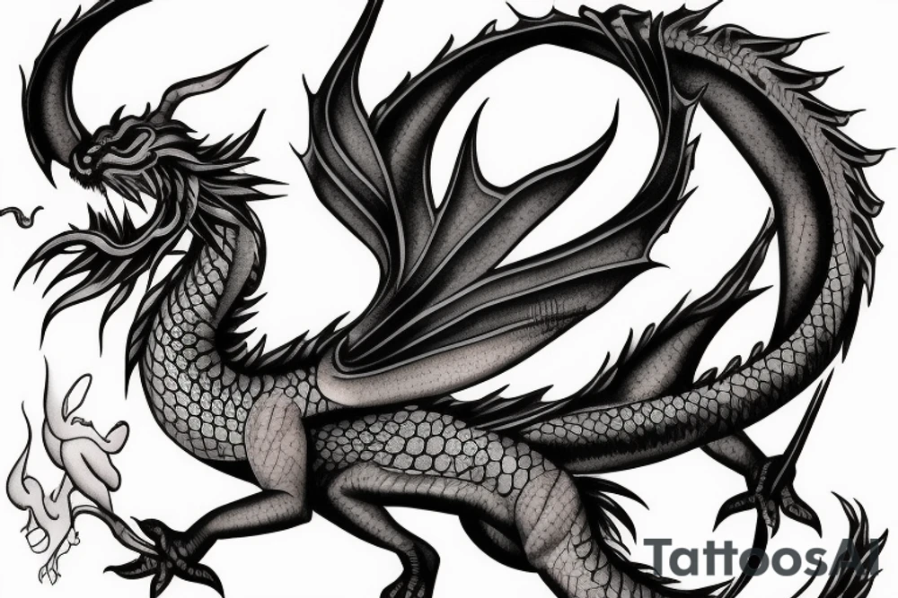 Feminine dragon in flight tattoo idea