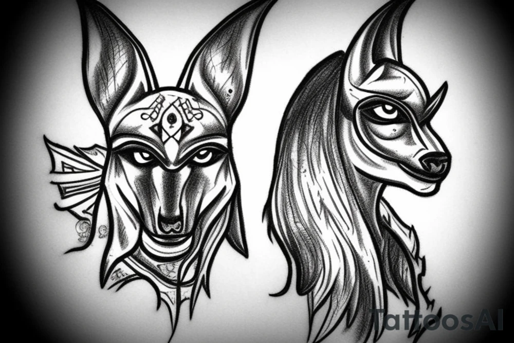 Anubis with glowing eyes emerging from smoke tattoo idea
