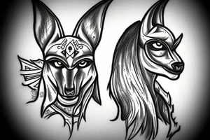 Anubis with glowing eyes emerging from smoke tattoo idea
