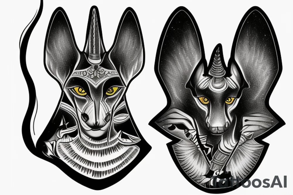 Anubis with glowing eyes emerging from smoke tattoo idea