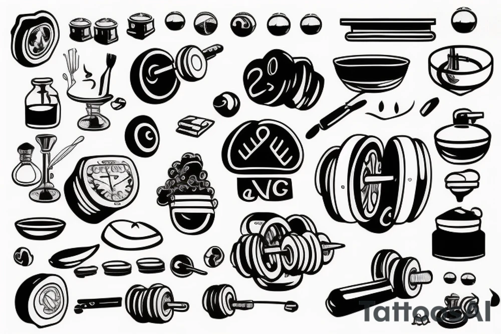 simplistic tattoo that is themed around cooking, weight training and technology tattoo idea