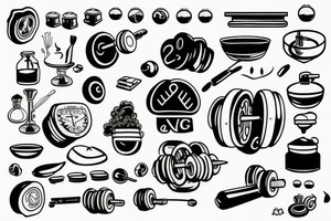 simplistic tattoo that is themed around cooking, weight training and technology tattoo idea