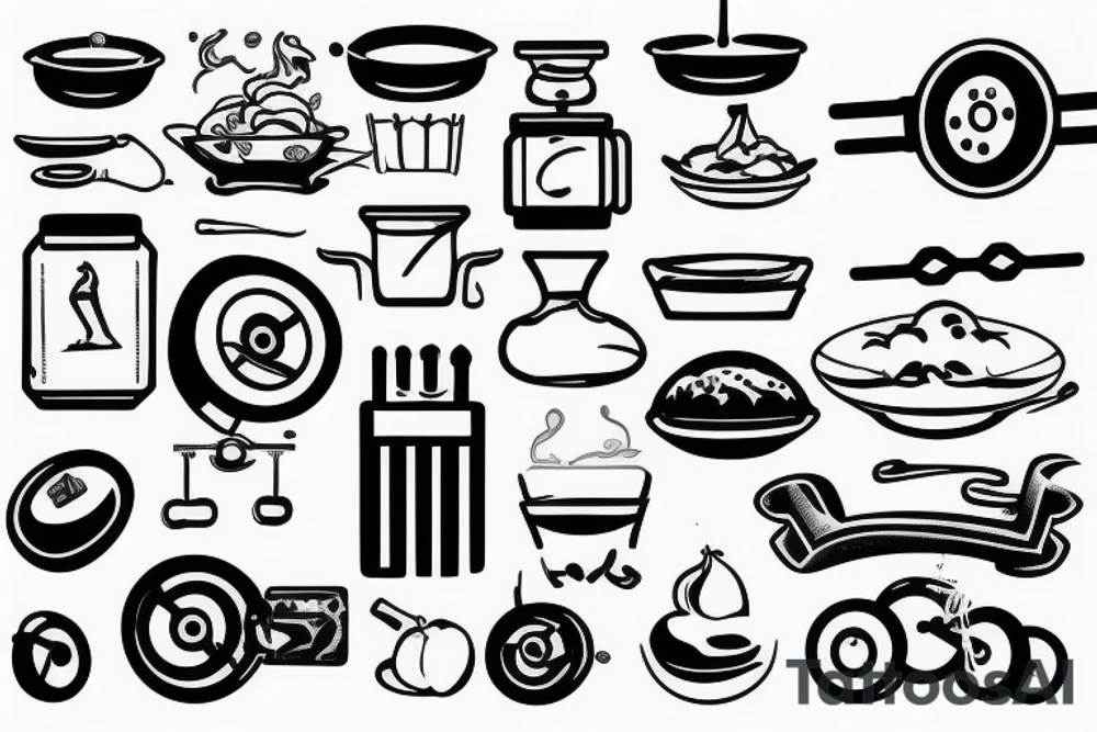 simplistic tattoo that is themed around cooking, weight training and technology tattoo idea