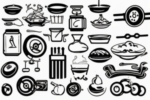 simplistic tattoo that is themed around cooking, weight training and technology tattoo idea