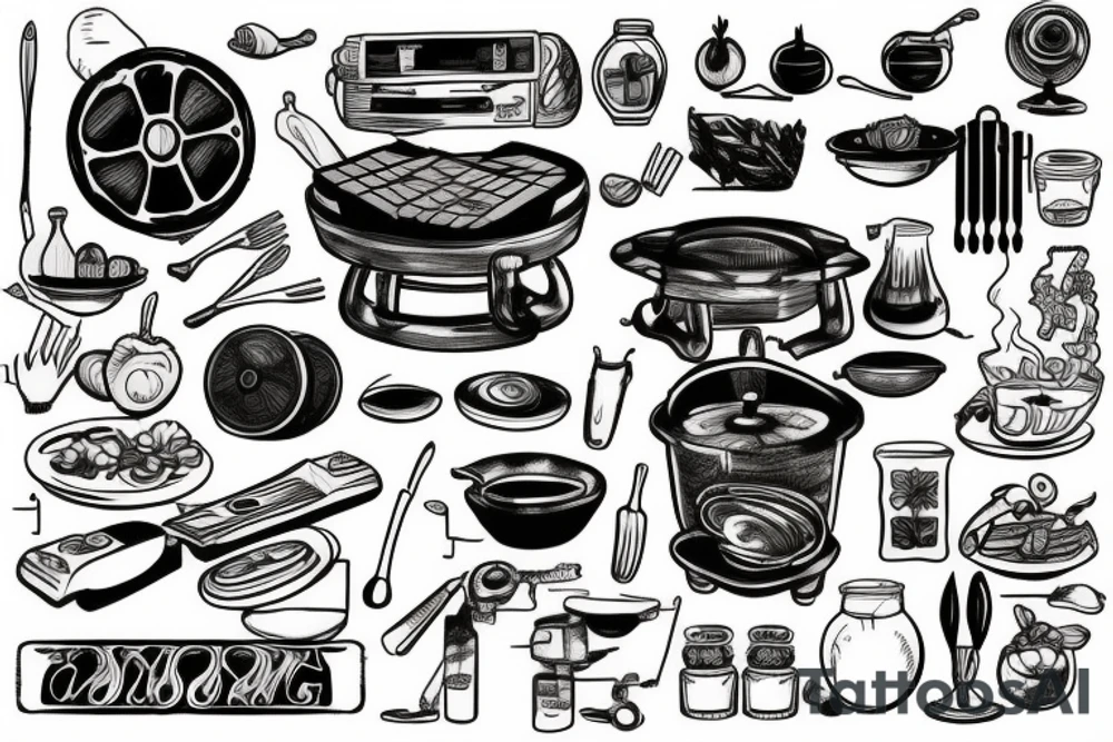tattoo that is themed around cooking, weight training and technology tattoo idea