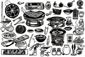 tattoo that is themed around cooking, weight training and technology tattoo idea