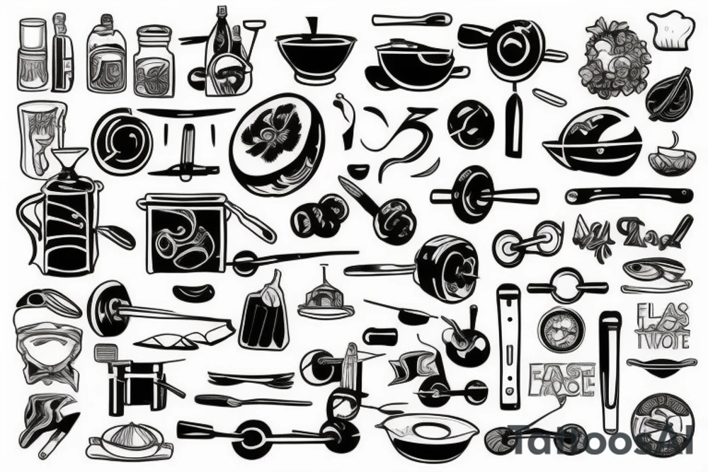 tattoo that is themed around cooking, weight training and technology tattoo idea