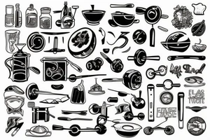 tattoo that is themed around cooking, weight training and technology tattoo idea