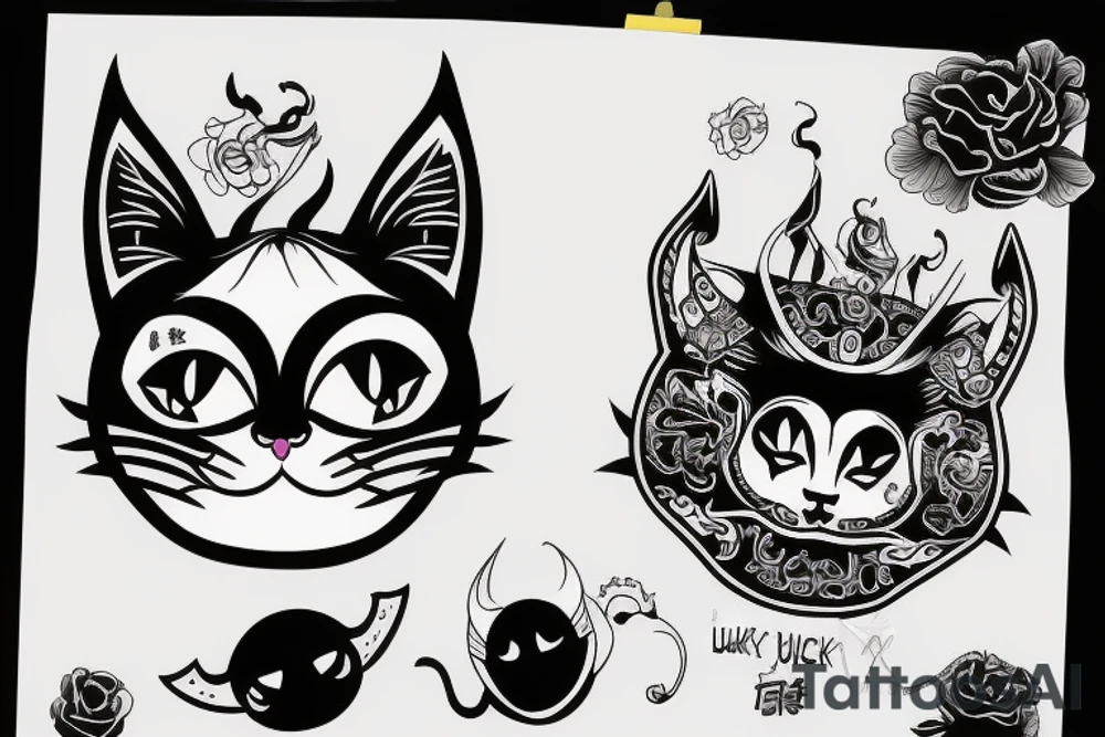 Lucky cat with devil face tattoo idea