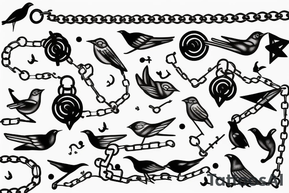 bells, chains,birds, infinite tattoo idea