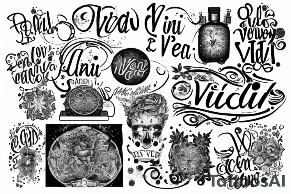 In typewriter font, quote "veni, vidi, vici" with galaxy art surrounding it tattoo idea