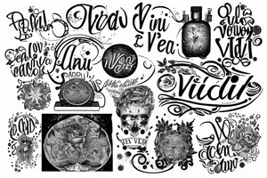 In typewriter font, quote "veni, vidi, vici" with galaxy art surrounding it tattoo idea