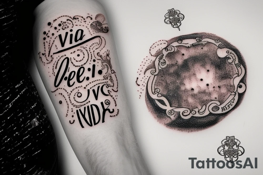 In typewriter font, quote "veni, vidi, vici" with galaxy art surrounding it tattoo idea