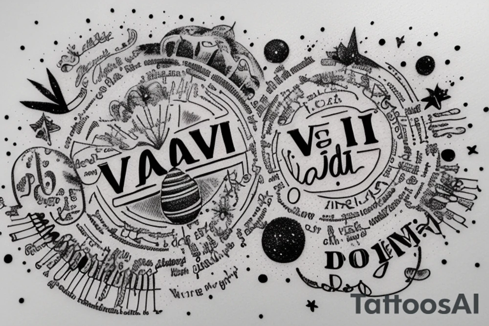 In typewriter font, quote "veni, vidi, vici" with galaxy art surrounding it tattoo idea