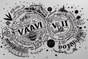 In typewriter font, quote "veni, vidi, vici" with galaxy art surrounding it tattoo idea