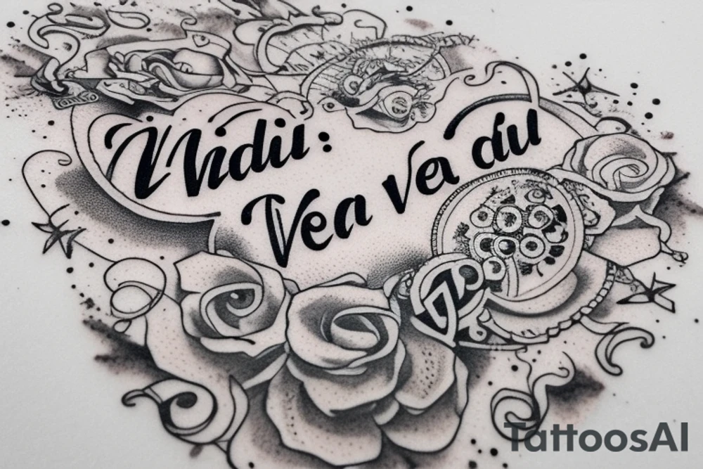 In typewriter font, quote "veni, vidi, vici" with galaxy art surrounding it tattoo idea