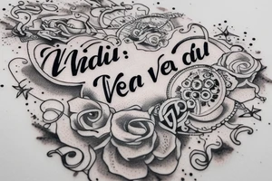 In typewriter font, quote "veni, vidi, vici" with galaxy art surrounding it tattoo idea