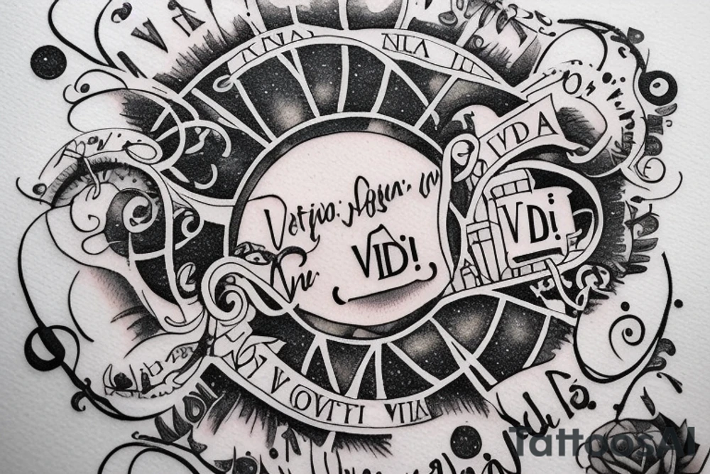 In typewriter font, quote "veni, vidi, vici" with galaxy art surrounding it tattoo idea