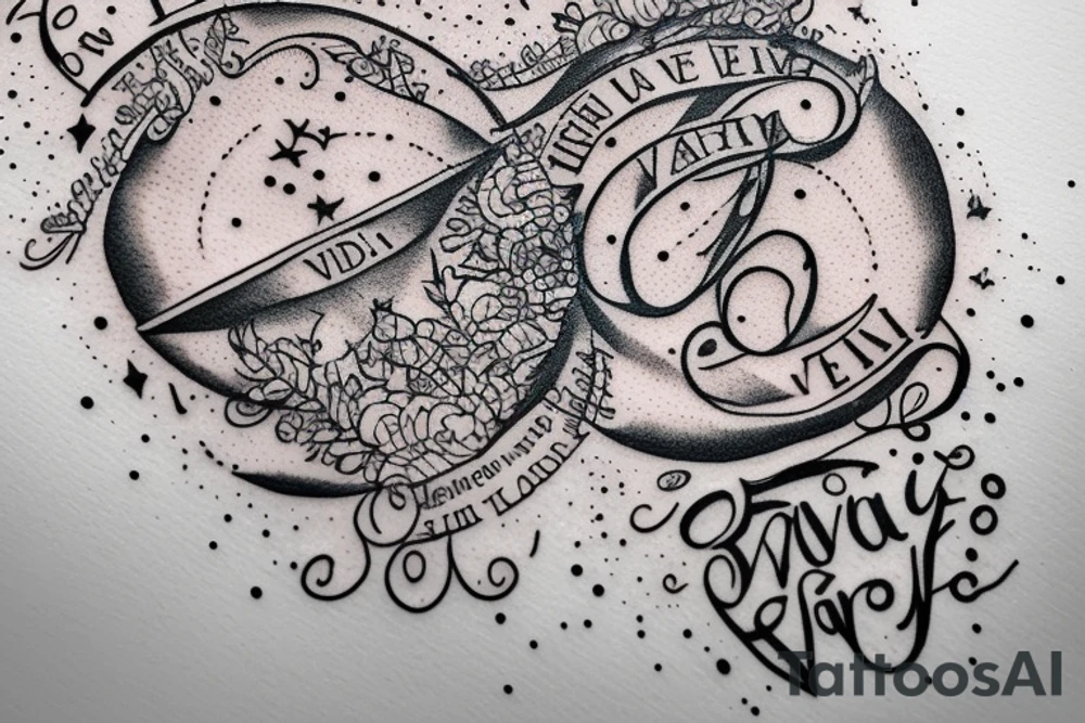 In typewriter font, quote "veni, vidi, vici" with galaxy art surrounding it tattoo idea