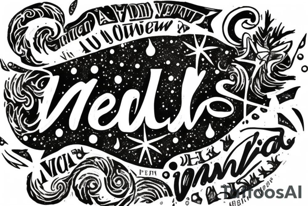 In typewriter font, quote "veni, vidi, vici" with galaxy art surrounding it tattoo idea