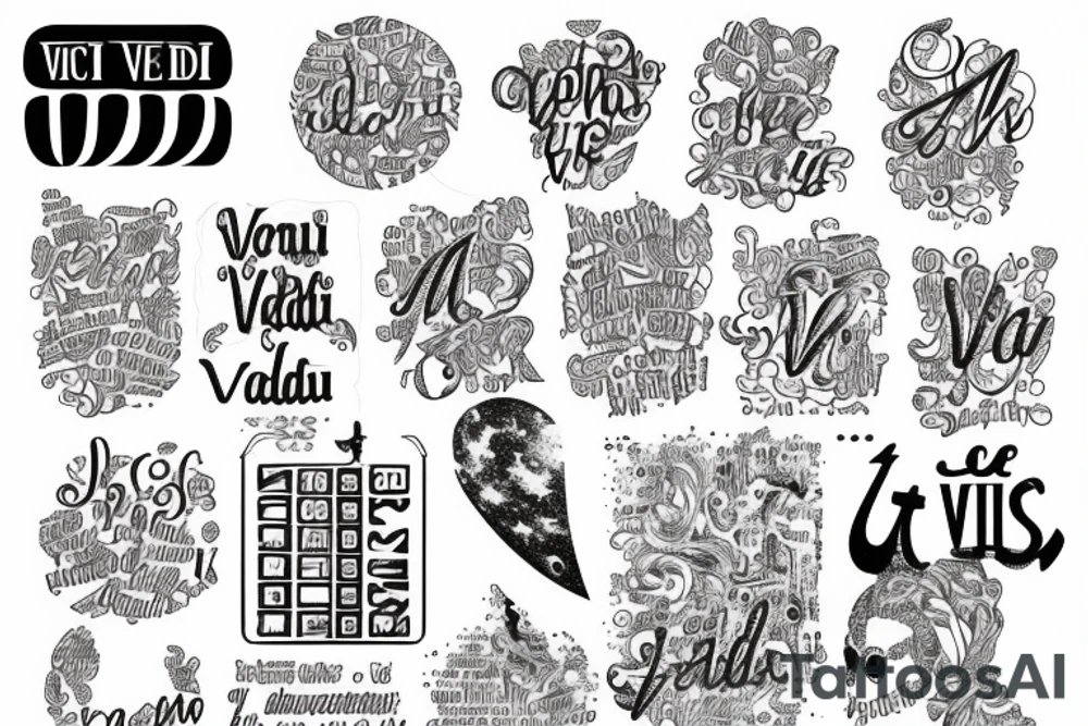 In typewriter font, quote "veni, vidi, vici" with galaxy art surrounding it tattoo idea