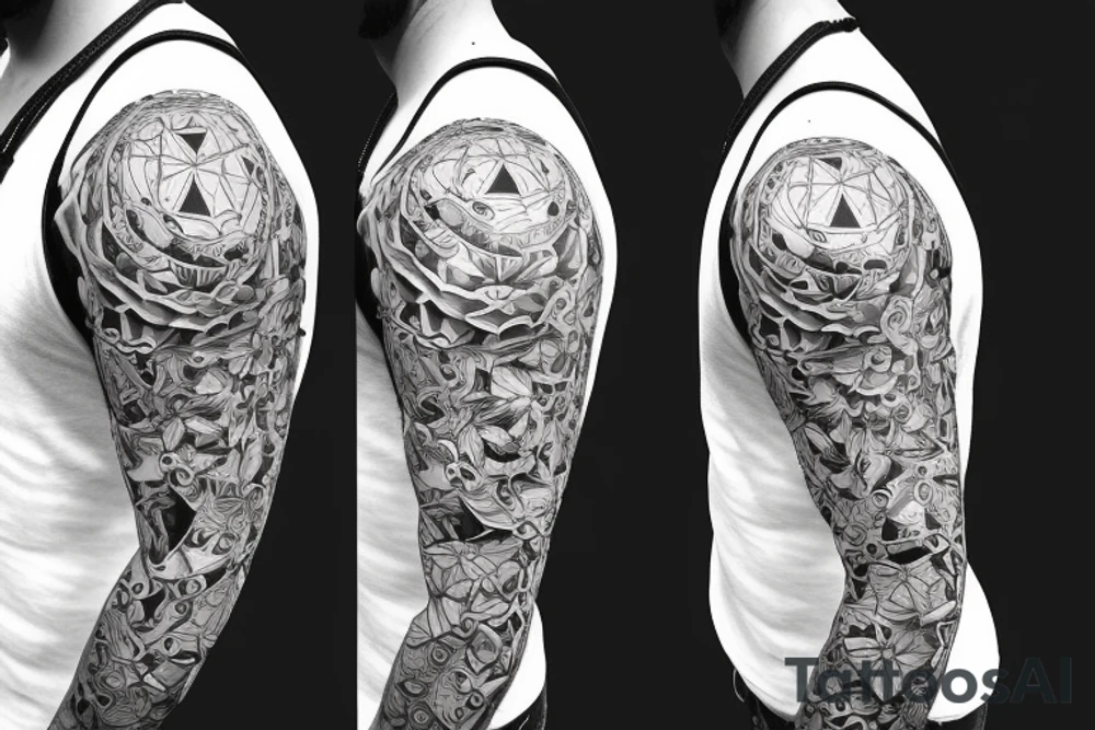 Sleeve geometrical tattoo, skull, flowers, math, science tattoo idea
