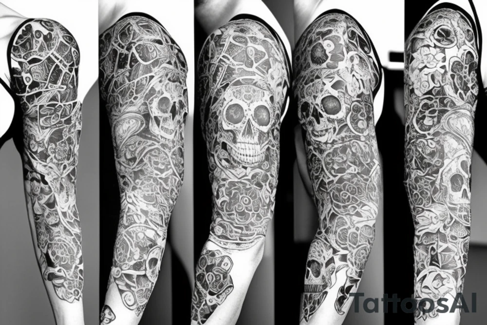 Sleeve tattoo, skull, flowers, math, science, patterns tattoo idea Sleeve tattoo, skull, flowers, math, science, patterns tattoo idea