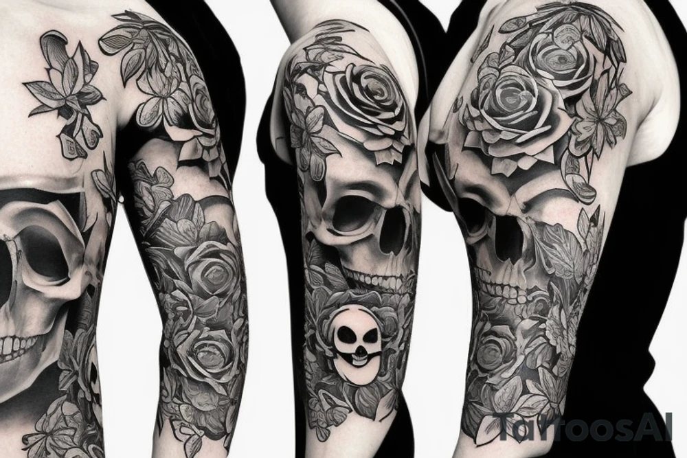 Sleeve tattoo, skull, flowers, math, science, patterns tattoo idea Sleeve tattoo, skull, flowers, math, science, patterns tattoo idea