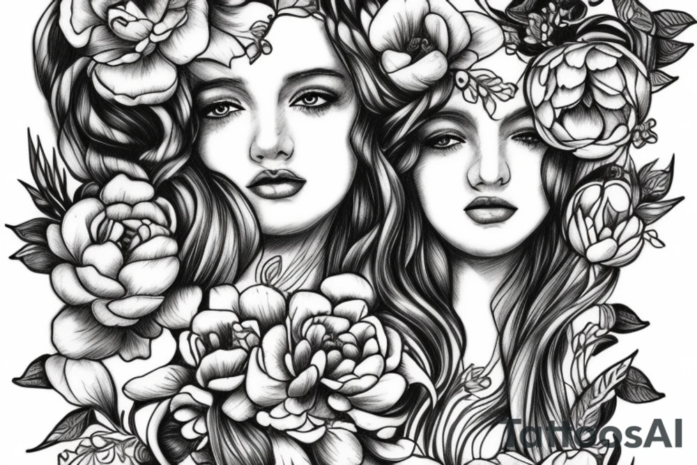 Beautiful long hair Greek goddess surrounded by peony flowers tattoo idea