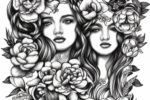 Beautiful long hair Greek goddess surrounded by peony flowers tattoo idea