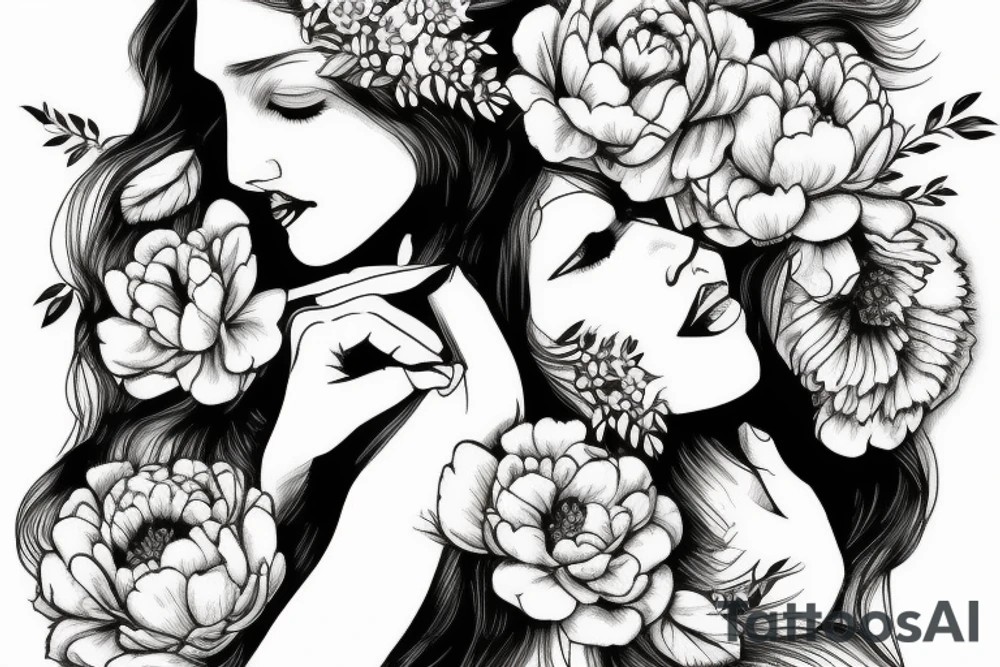 Beautiful long hair Greek goddess surrounded by peony flowers tattoo idea