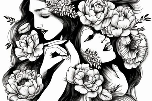 Beautiful long hair Greek goddess surrounded by peony flowers tattoo idea