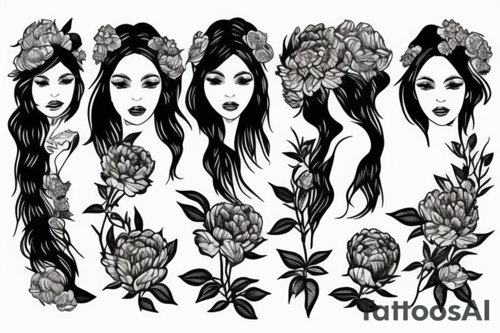 Beautiful long hair Greek goddess surrounded by peony flowers tattoo idea