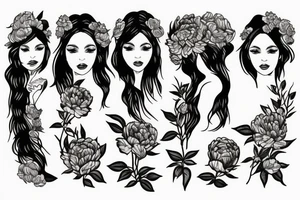 Beautiful long hair Greek goddess surrounded by peony flowers tattoo idea