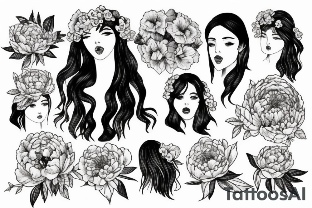 Beautiful long hair Greek goddess surrounded by peony flowers tattoo idea