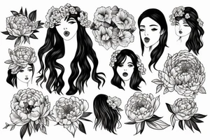 Beautiful long hair Greek goddess surrounded by peony flowers tattoo idea